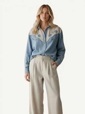 GUESS Georges Marciano 90s Chambray Western Pearl Button Shirt Embroidered Yoke